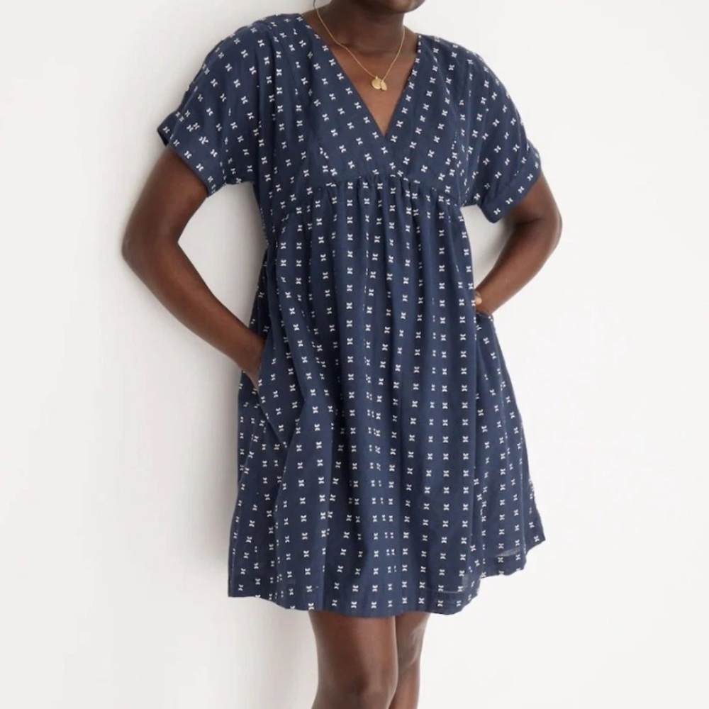 Madewell Navy Printed V-Neck Mini Dress